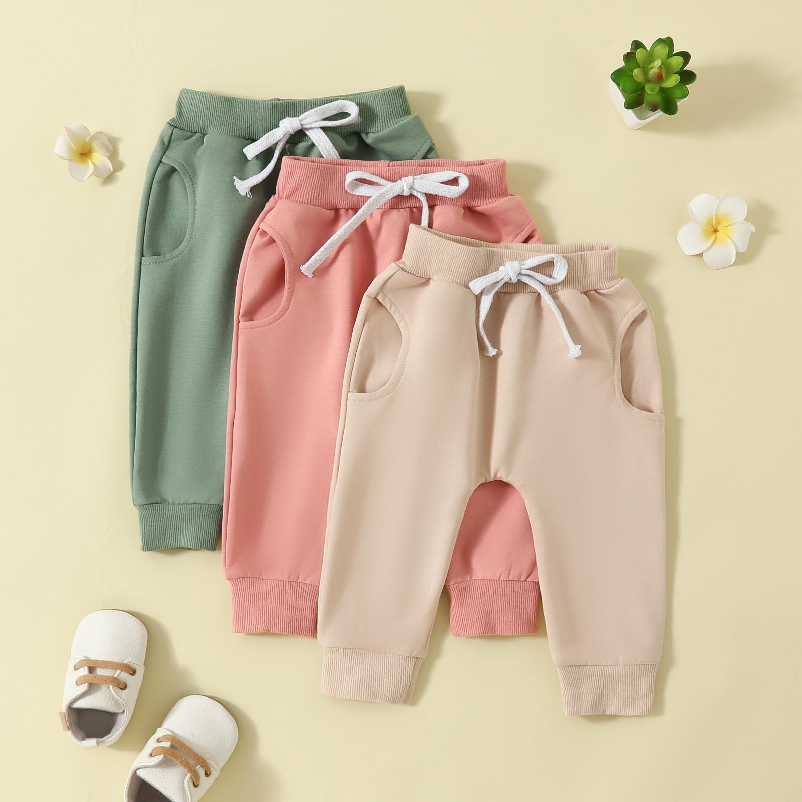 Yoawdats Baby Boys' 3-Pack Pull-on Jogger Pants Girls' Knit Classic Fit Elastic Waist Toddler Infant Long Pants