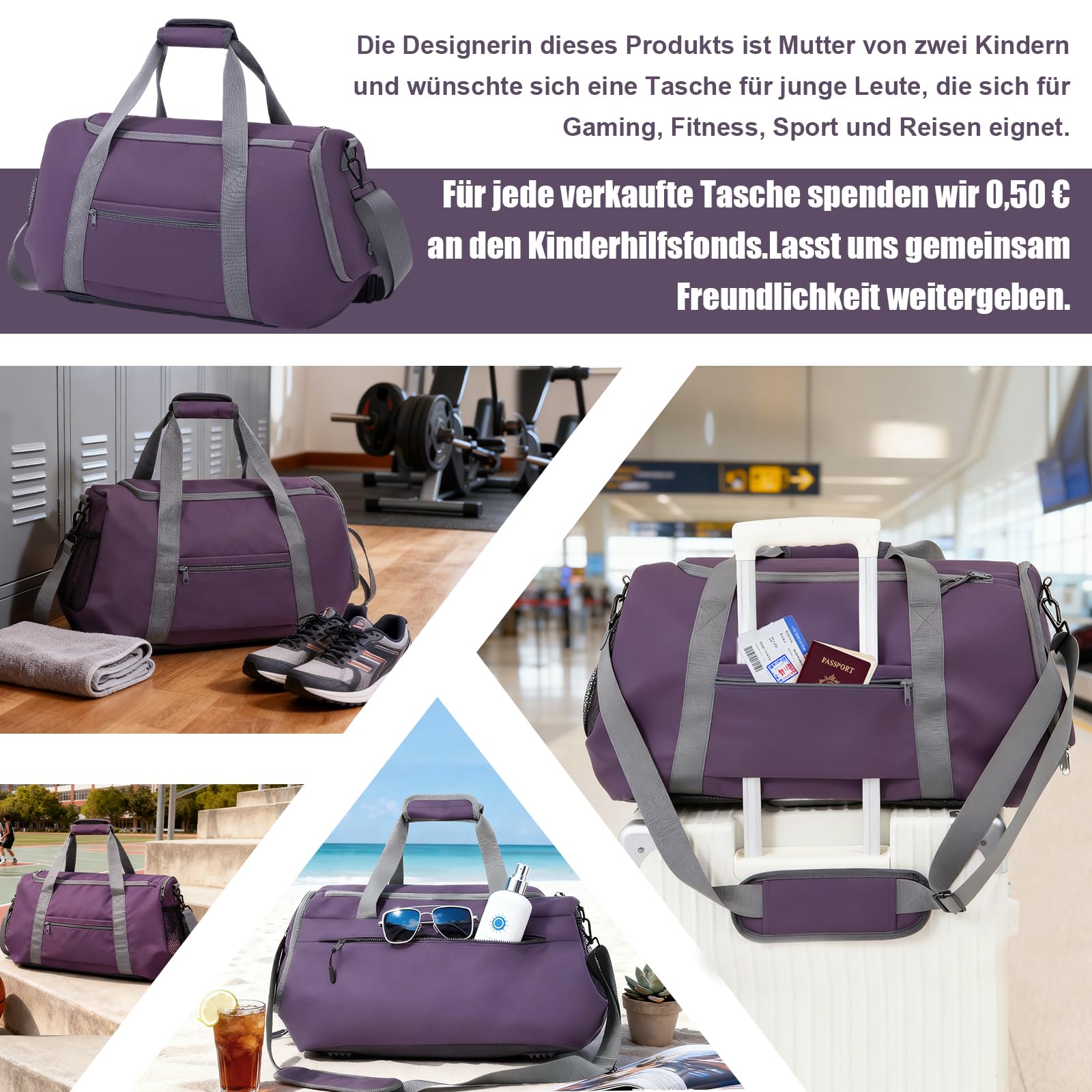 Zedelmaier Sporttasche Damen Herren Reisetasche Wasserabweisend Sporttasche mit Schuhfach Leichte Gym Bag Reisetasche Handgepäck 30L, Lila
