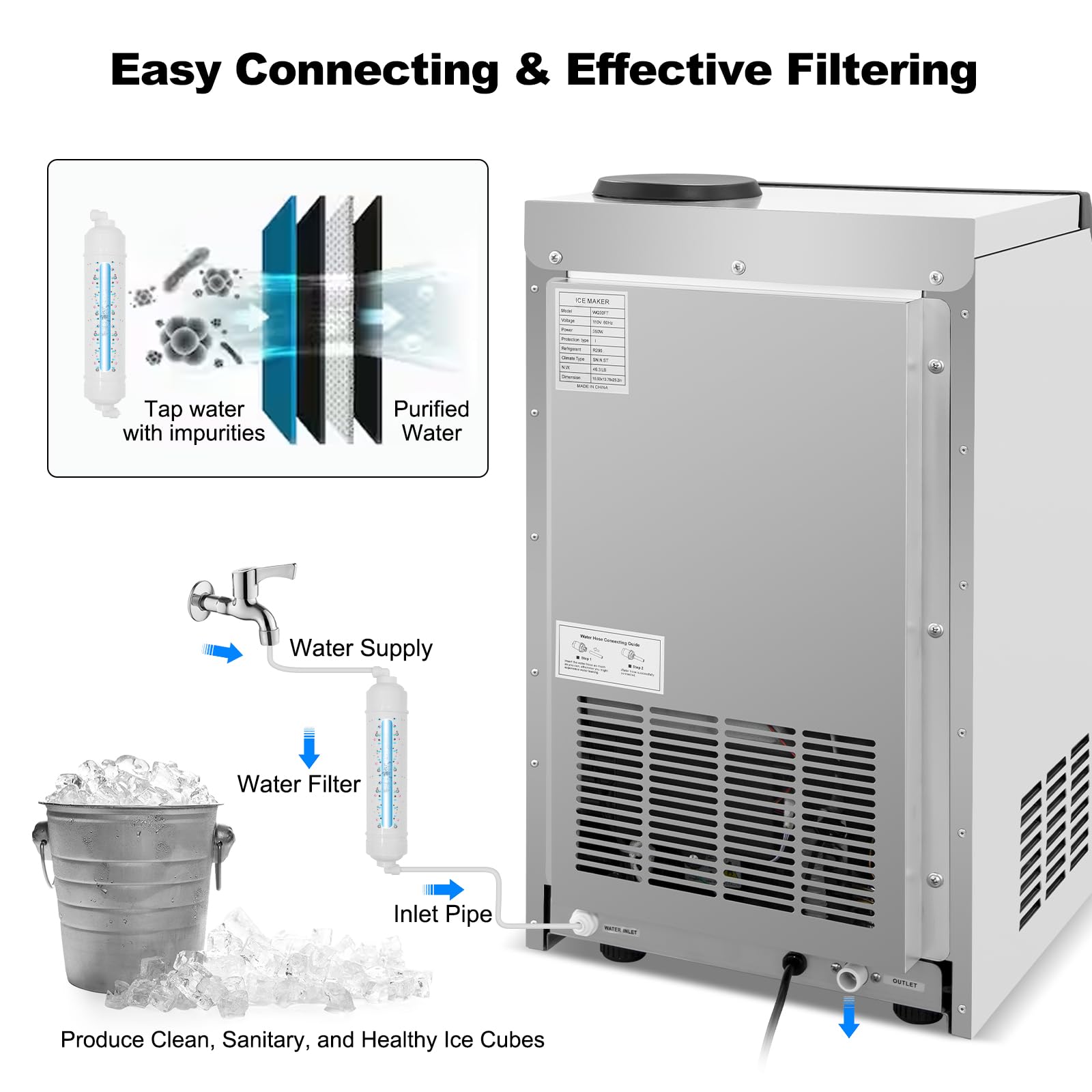 Commercial Ice Maker Machine 130lbs/24h With 2 Water Inlet Modes, 36pcs Ice Cubes In 8-15 Mins, Stainless Steel Under Counter/Freestanding Ice Machine With 28lbs Storage Bin For Home/Shop/Office/Bar on Fridge.com - View 3