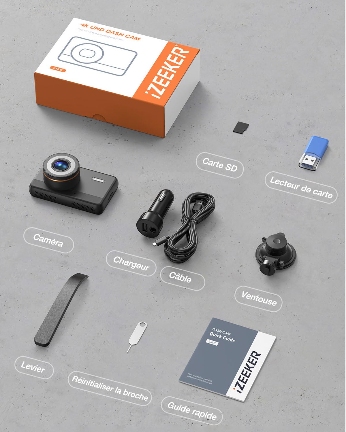 iZEEKER 4K Dashcam WiFi, 2160P Frontale Caméra Voiture avec Carte SD 32G, Vision Nocturne WDR, Enregistrement d'urgence, Enregistrement en Boucle, Mode stationnement 24h/24, G-Capteur