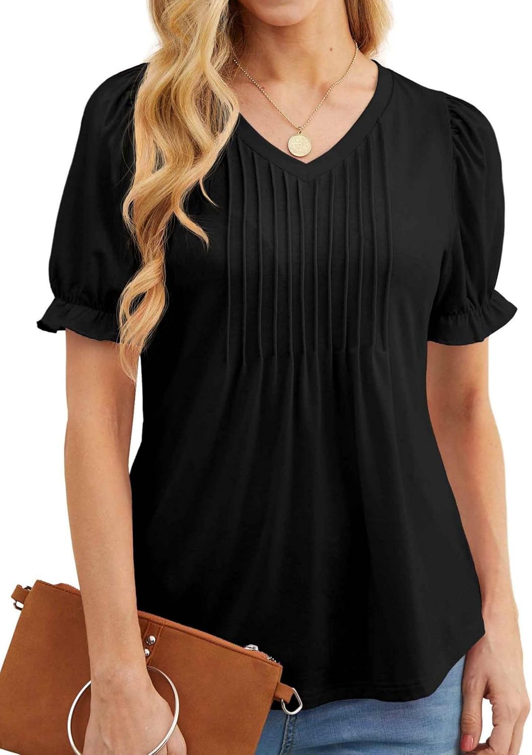 GRECERELLE Womens V Neck Tops Summer Elegant Front Pleated T Shirts for Women UK Ruffle Short Sleeve Blouses Tunic