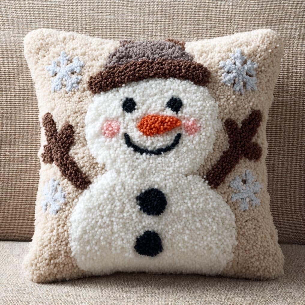 WallustrioaW Latch Hook Pillow Case Kits,Snowman 17X17 Inch Latch Hook Cushion Cover Kit,Knitting Kits Cushion for Adults Rug Making Kit for Starters
