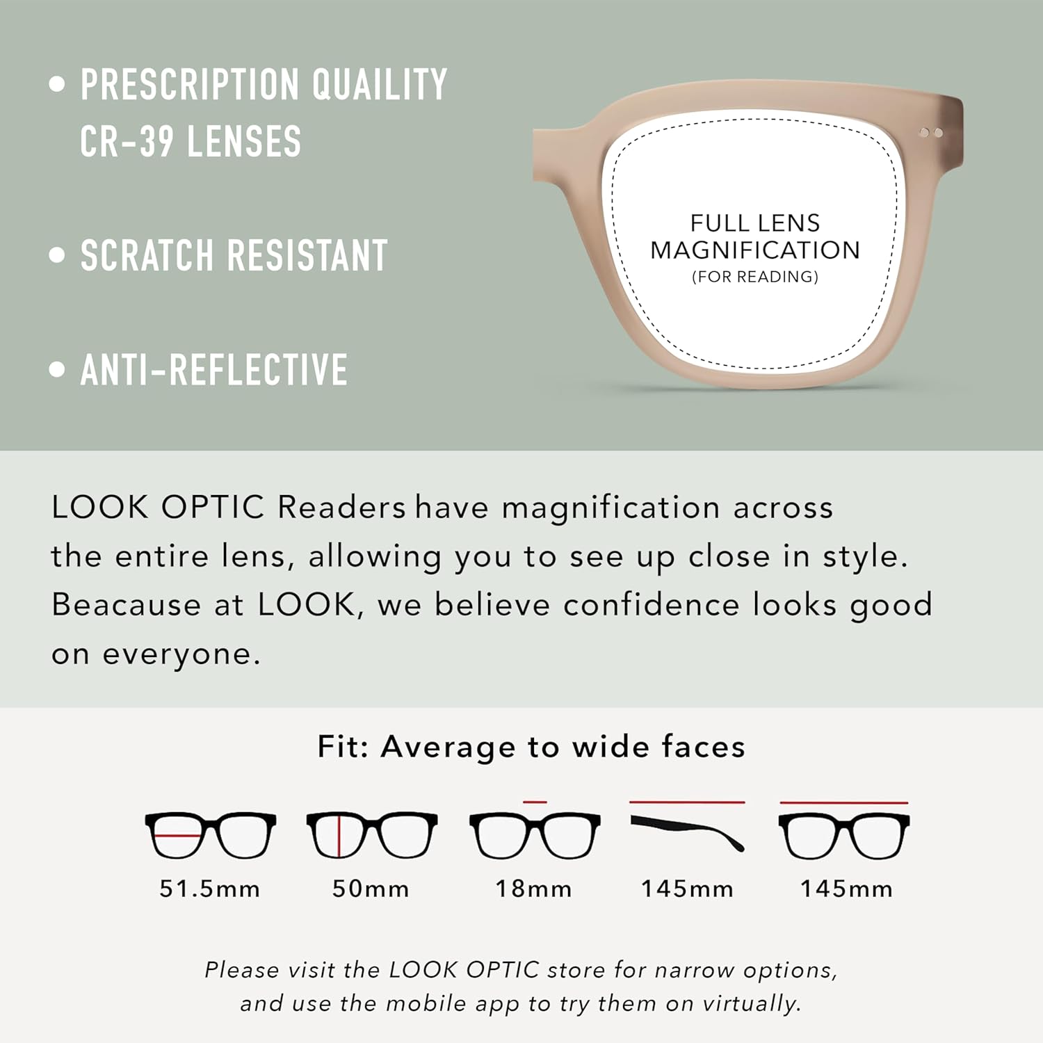 LOOK OPTIC Laurel Reader-Lightweight Full Magnification Reading Glasses with Scratch-Resistant Anti-Reflective Lenses