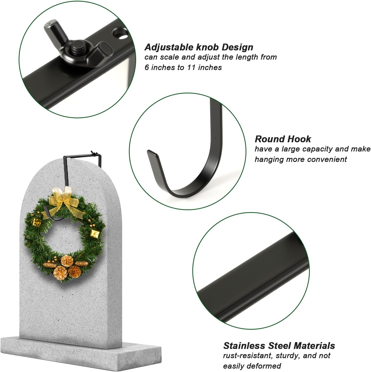 2Pcs Christmas Headstone Wreath Hangers--Fit 6"-11" Upright Grave Markers, Adjustable Stainless Steel Cemetery Wreath Holder, Suitable for Memorial Decor for Christmas Easter Veterans Day All Seasons