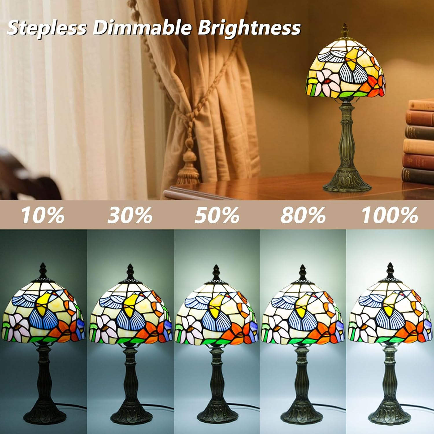 Tiffany Style Table Lamp for Bedroom - Remote Control 8 Inch Stained Glass Lamp with Timer, Stepless Dimmable and Glass Shade Bedside Lamps for Living Room Office, Bulb Included (Hummingbird)