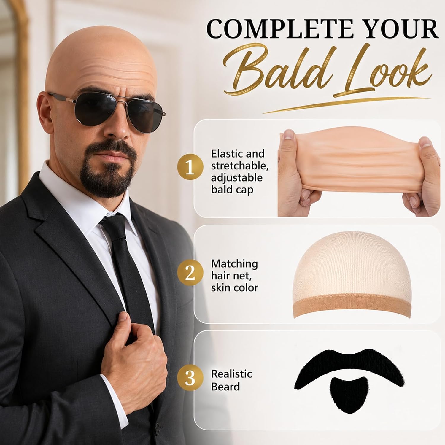 Huaerle 24 Pcs Bald Cap with Mustache Bald Wig Cap Halloween Party Costume Accessories for Men Women Adults