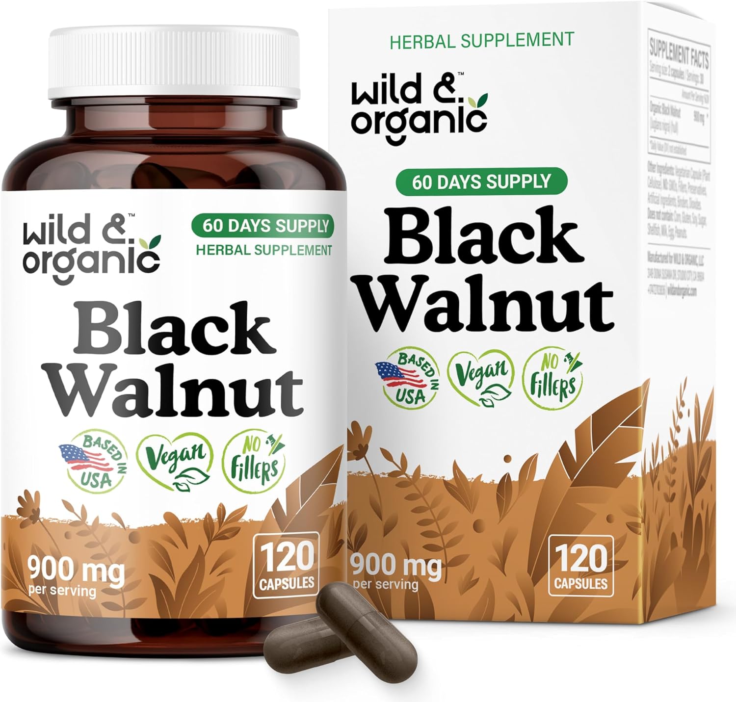 Wild & Organic Black Walnut Hull Capsules 900 mg - Detox & Cleanse Support - Black Walnut Supplement - Juglans Nigra Herb Powder - 90 Days of Supply - Vegan, No Fillers, Non-GMO - 180 Count