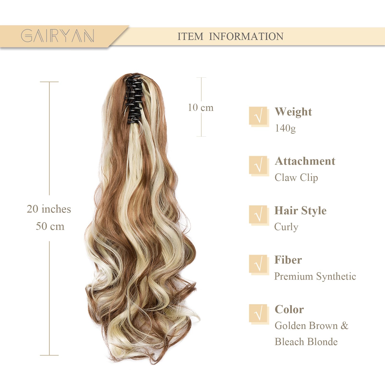 Gairyan 20inch Ponytail Extension Clip in Ponytail Hair Extensions Curly Wavy Pony Tails Claw on Ponytail Long Wave Synthetic Hairpieces for Women Soft Real Look (Golden Brown & Bleach Blonde) - Image 2