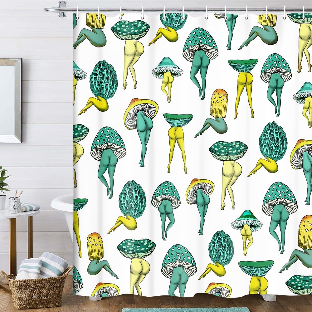 Funny Mushroom Butt Shower Curtain, Fun Cute Sexy Butt 70S 80S Fabric Curtains for Bathroom Hippie Psychedelic Aesthetic Colorful Unique Cool Cloth Curtain with 12 Hooks 70X70IN Green Teal White