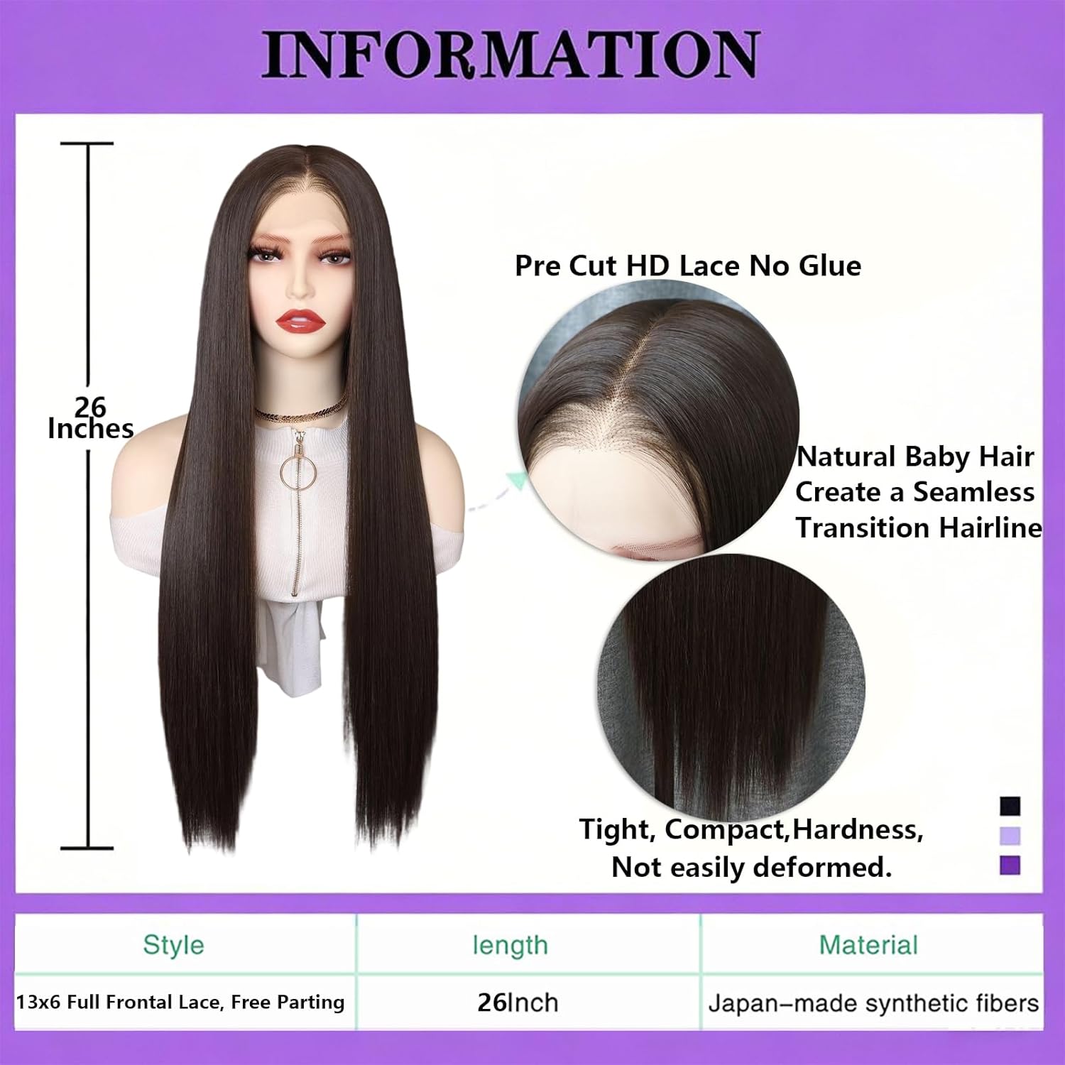 Long Straight 13x6 Lace Front Wigs for Black Women 200 Density Glueless Natural Highlight Heat Resistant Synthetic Hair Pre Plucked Extensions Wig With Baby Hair Brown 26 Inch