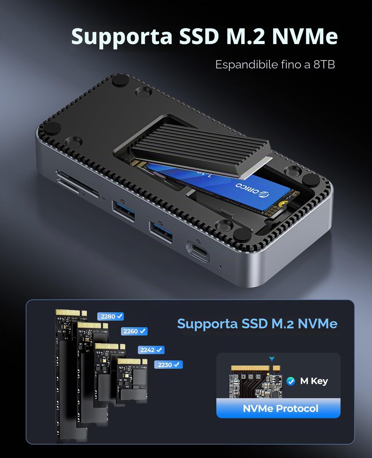 ORICO Hub USB-C 9 in 1 con Alloggiamento SSD M.2 NVMe 10 Gbps, Docking Station Senza Attrezzi con Ventola, Gigabit Ethernet, 100 W PD, SD/TF, tipo C e USB A per laptop, MacBook Mac mini -M2P7