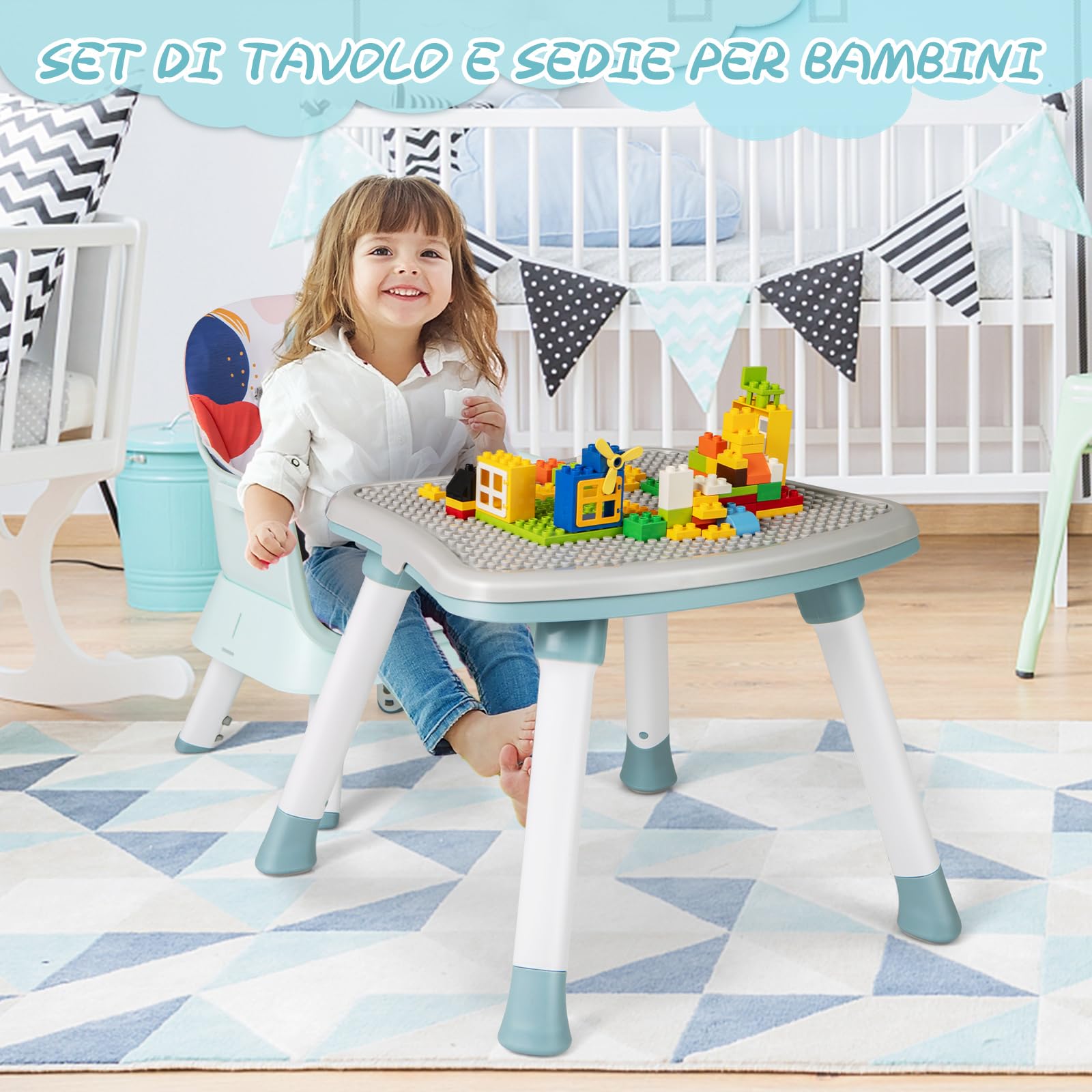 RELAX4LIFE 6 en 1 Trona Bebé con Arnes de 5 Puntos y Cojín Desmontables, Tronas de Bebe Portátil con Bandeja Ajustable y Extraíble, Mesa y Silla Infantil para Niños 6+ Meses, Carga 25kg (Turquesa)