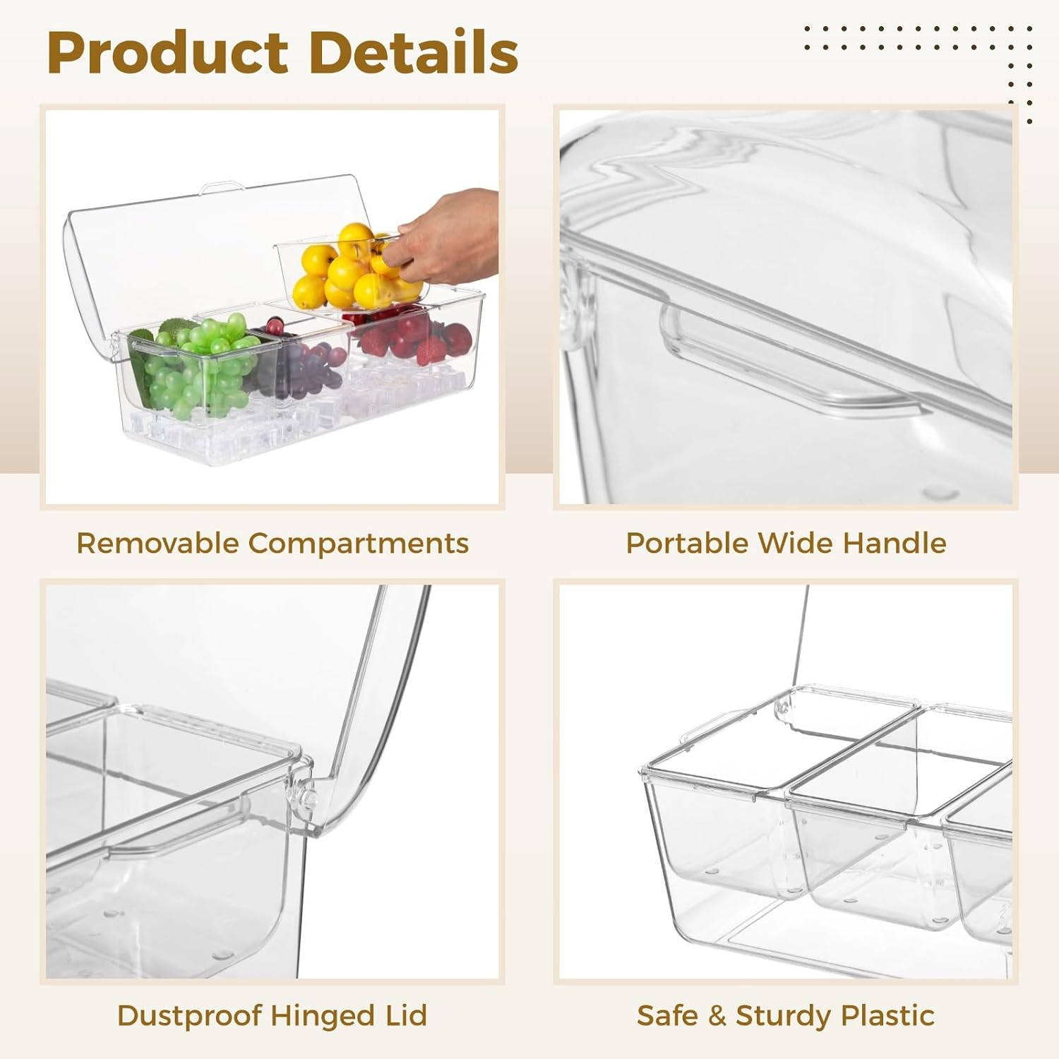 Clear 4-Compartment Condiment Container with Lid and Ice Tray, for Parties, Picnics, Buffets, Garnish Holder