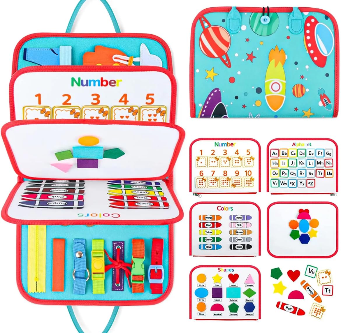 TOYARTSY Busy Board Toy to Develop Basic Skills, Educational Sensory Board Travel Toys for Plane Car Aged 3+ Kids, Activity Parents-Kids Travelling Toys (BusyBag-Space) (B0DDHFVK24) Amazon Price History, Amazon Price Tracker
