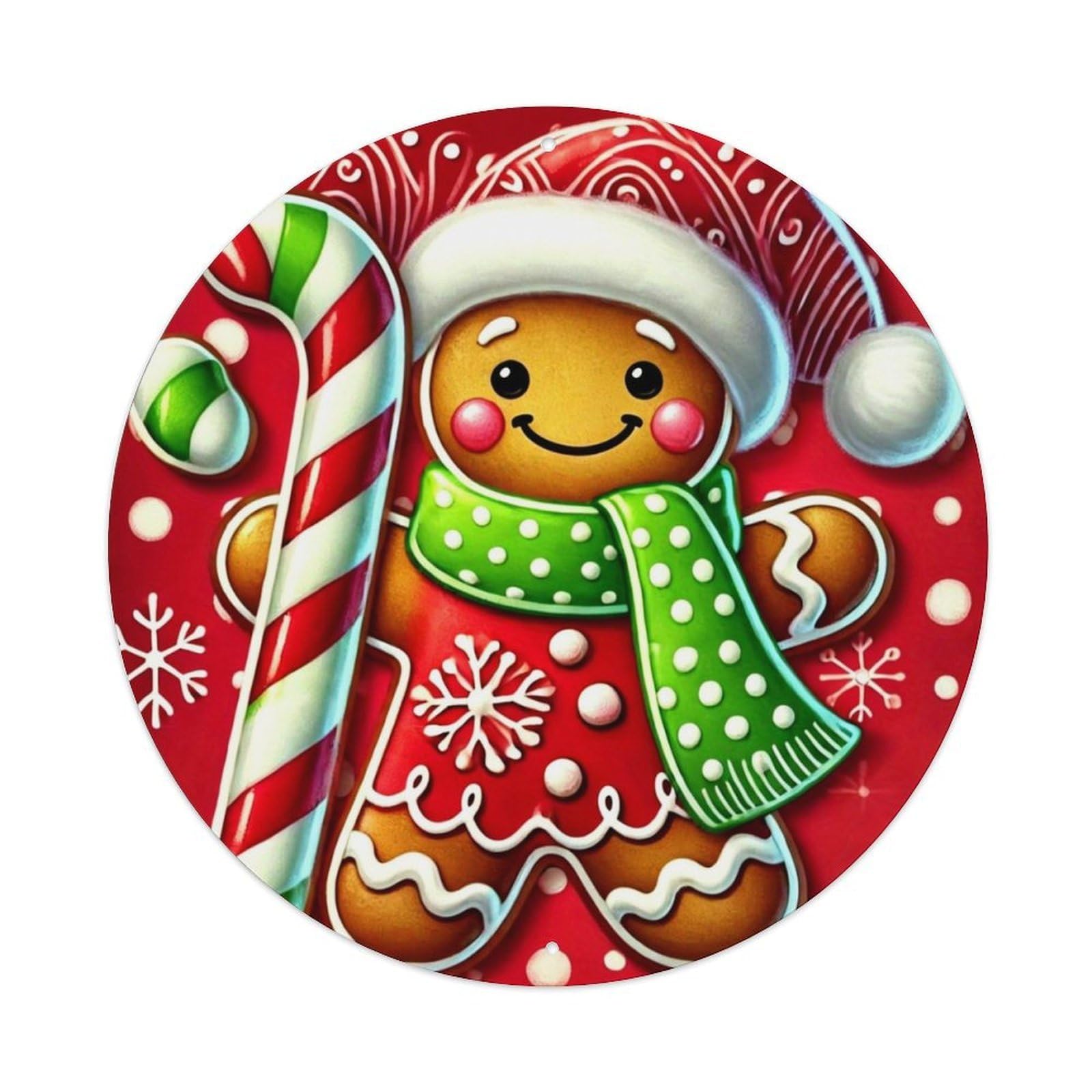 Jdyaojiesheng Vintage Gingerbread Man Candy Cane Snowflake Pattern Round Tin Sign Retro Metal Wall Decor Metal Poster, Home Bar Garage Farmhouse Cafe Wall Art Decoration 8X8inch