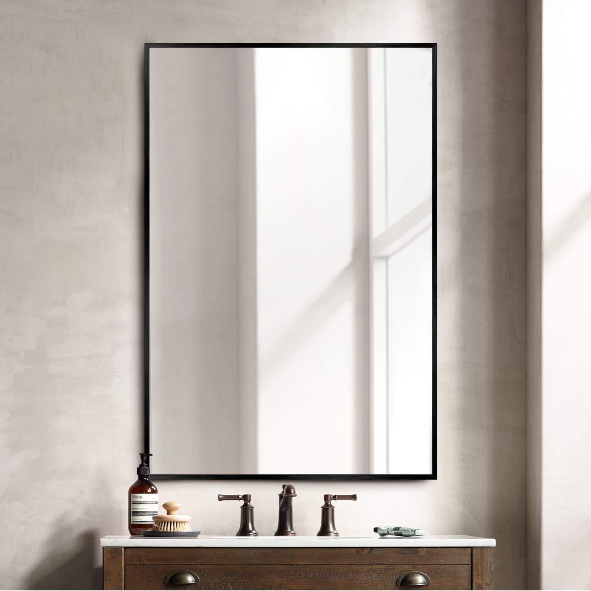 NeuType 36"x24" Wall-Mounted Mirror Bathroom Mirror for Wall, Aluminum Alloy Frame Wall Mirror for Bedroom, Entryway, Living Room, Hanging or Leaning Against Wall, Black