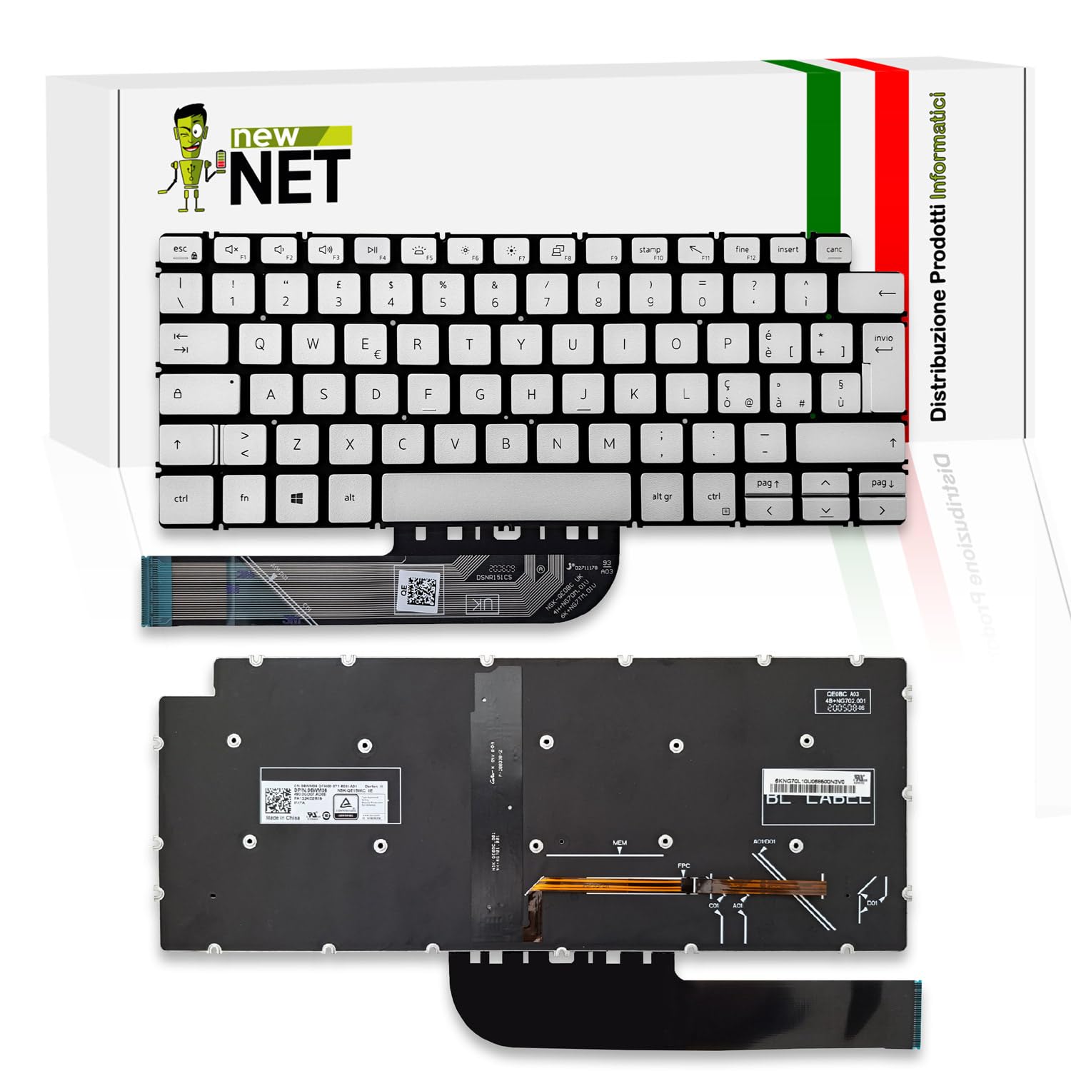 Tastiera compatibile con Notebook Dell Vostro 5301 5390 5391 5401 5402 5490 Retroilluminata Layout ITA Argento