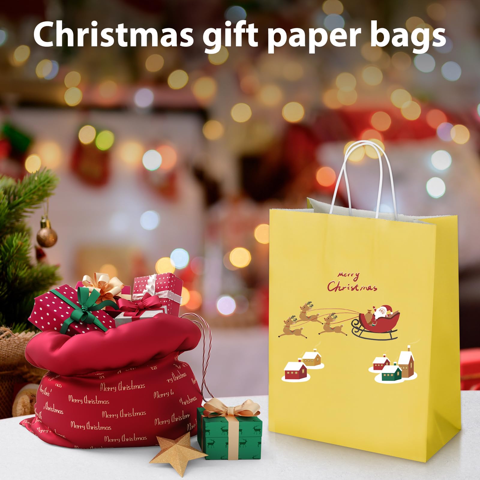 Oikss 50 Pack 10x5x13 Yellow Kraft Paper Bags with Handles Bulk for Birthday Party Favors Grocery Retail Shopping Business Goody Recycled Craft Gift Bags (Large Size, 50 Count)