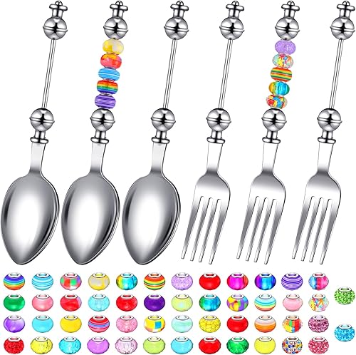 Lasnten Juego de 6 tenedores de cuchara con cuentas con 50 cuentas surtidas de agujeros grandes, cucharas y tenedores decorativos de acero
