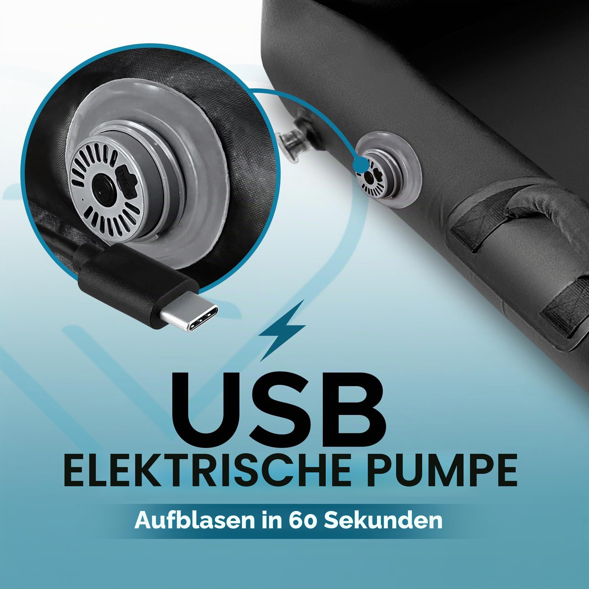 Aufblasbares Nuru Massage Laken mit Aufblasbaren Seiten | Selbstaufblasbar mit USB-C Pumpe | Schwarz Vinyl Wasserdicht | 210 x 156 x 16 cm | Leicht zu Reinigen | Paarmassage
