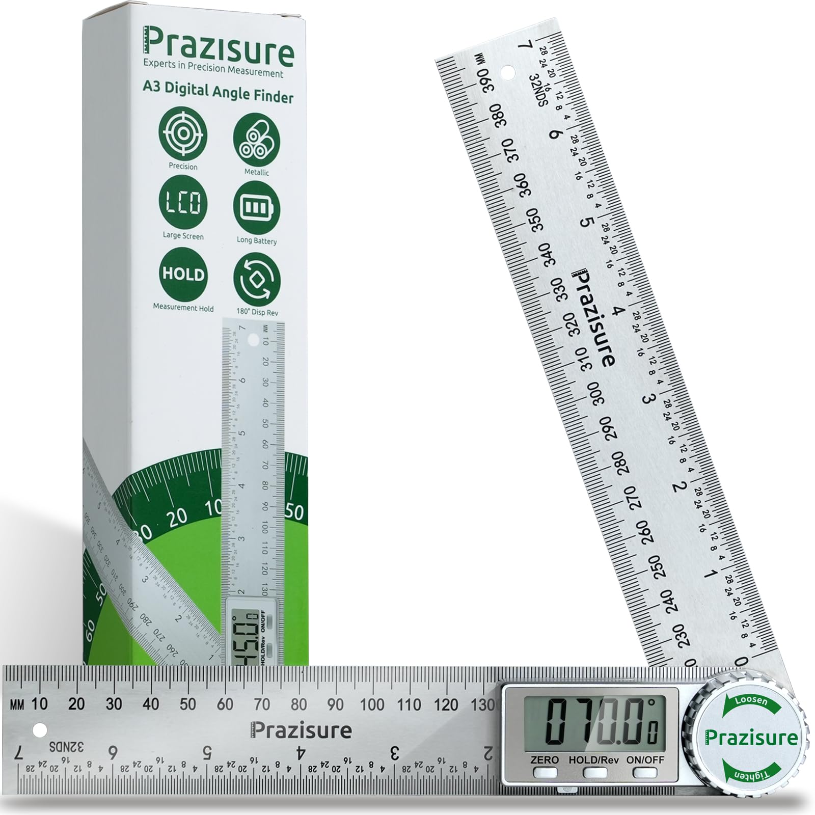 Prazisure Winkelmesser Digital, Edelstahl Winkelschmiege 200 mm, professionelles Winkelmessgerät für Holzbearbeitung, Bau und Heimwerkermessung (inkl. 2 Batterien)