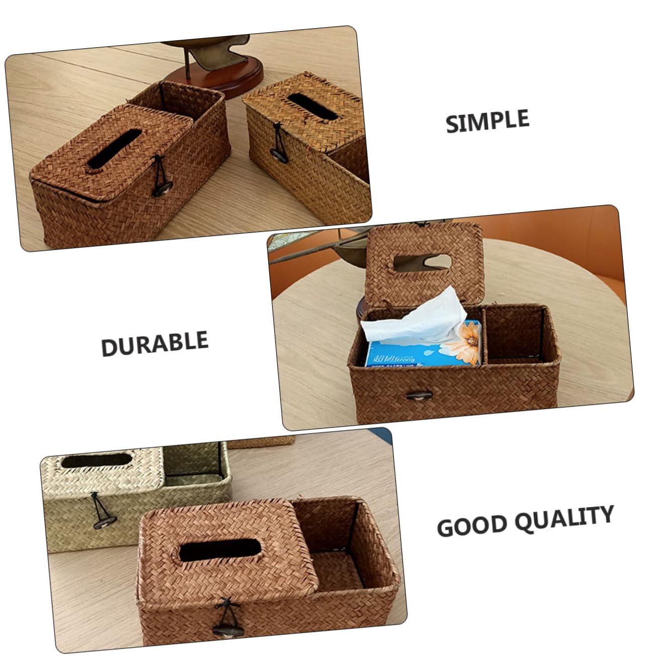 Caja Organizadora Algas Marinas Tejida con Tapa Compartimento para Almacenaje de Pañuelos y Mando Distancia Organizador de Escritorio Multifuncional para Hogar
