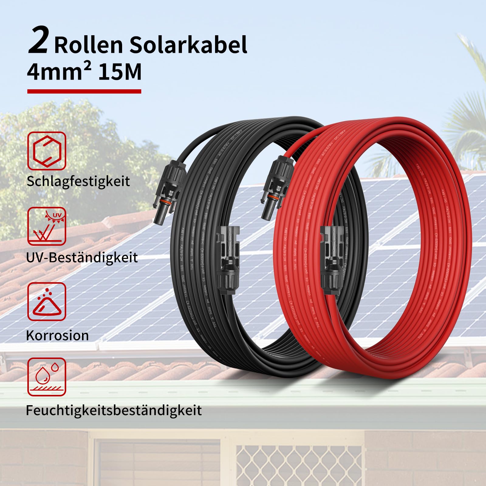 Solarkabel 4mm² 15M x 2 Solar Verlängerungskabel mit Solarstecker, Solar Verlängerung Photovoltaik Kabel für Solarpanel Balkonkraftwerk Solar Kabel(2-20M, 4mm2, 6mm2)