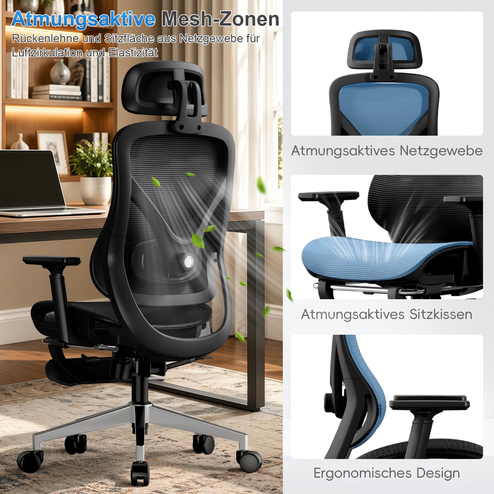 Ergonomischer Netz-Bürostuhl mit Verstellbarer Lendenstütze und Fußstütze, Schreibtischstuhl mit drehbaren Armlehnen und Kopfstütze, neigbarer Computerstuhl für Homeoffice und Gaming, Schwarz