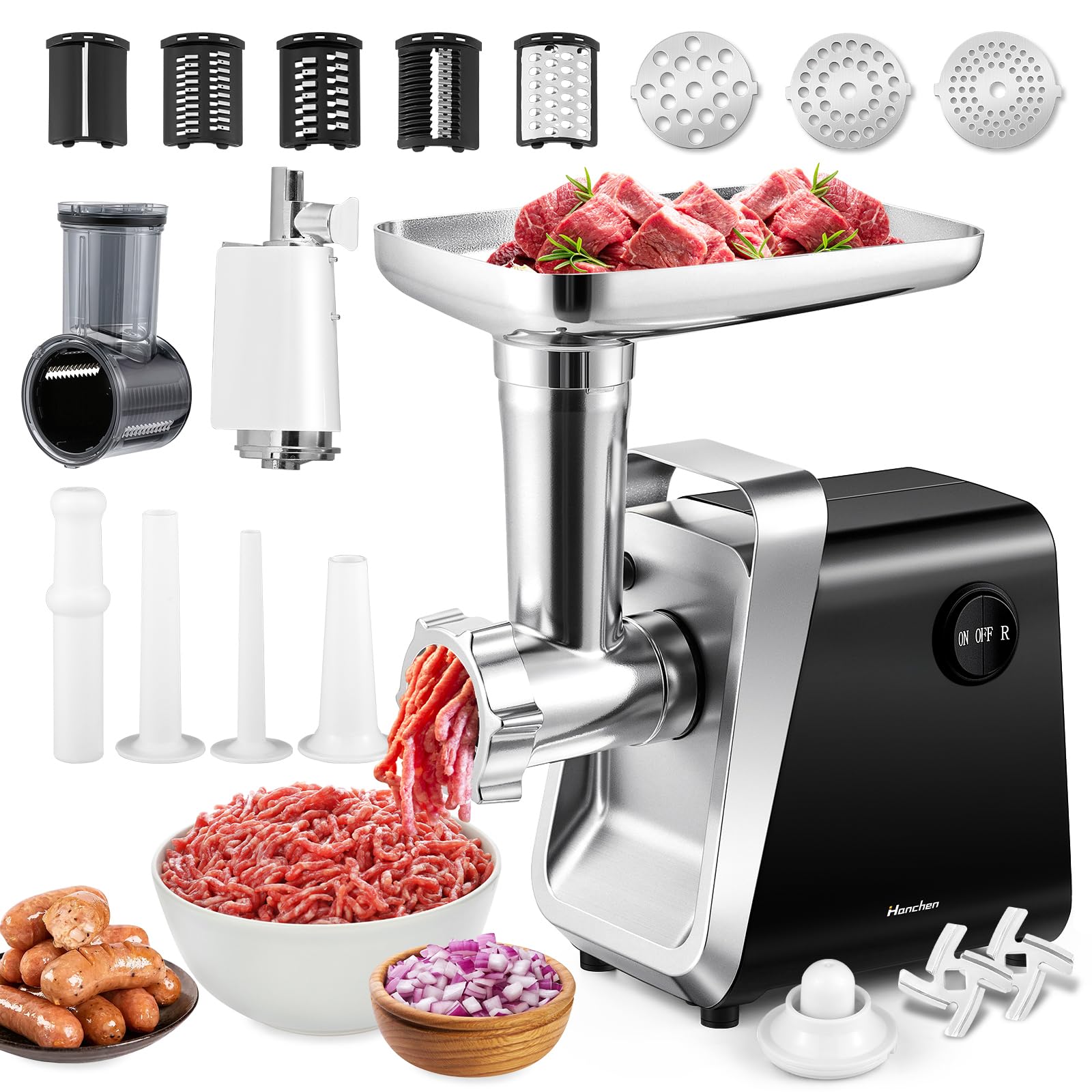 Hanchen Picadora de Carne Eléctrica 6 en 1 con 3 Tubo para Salchichas, 3 Discos Picadores, Accesorio para Galletas y Kubbe, cabezal para zumo de tomate, Cortador de Verduras Eléctrica
