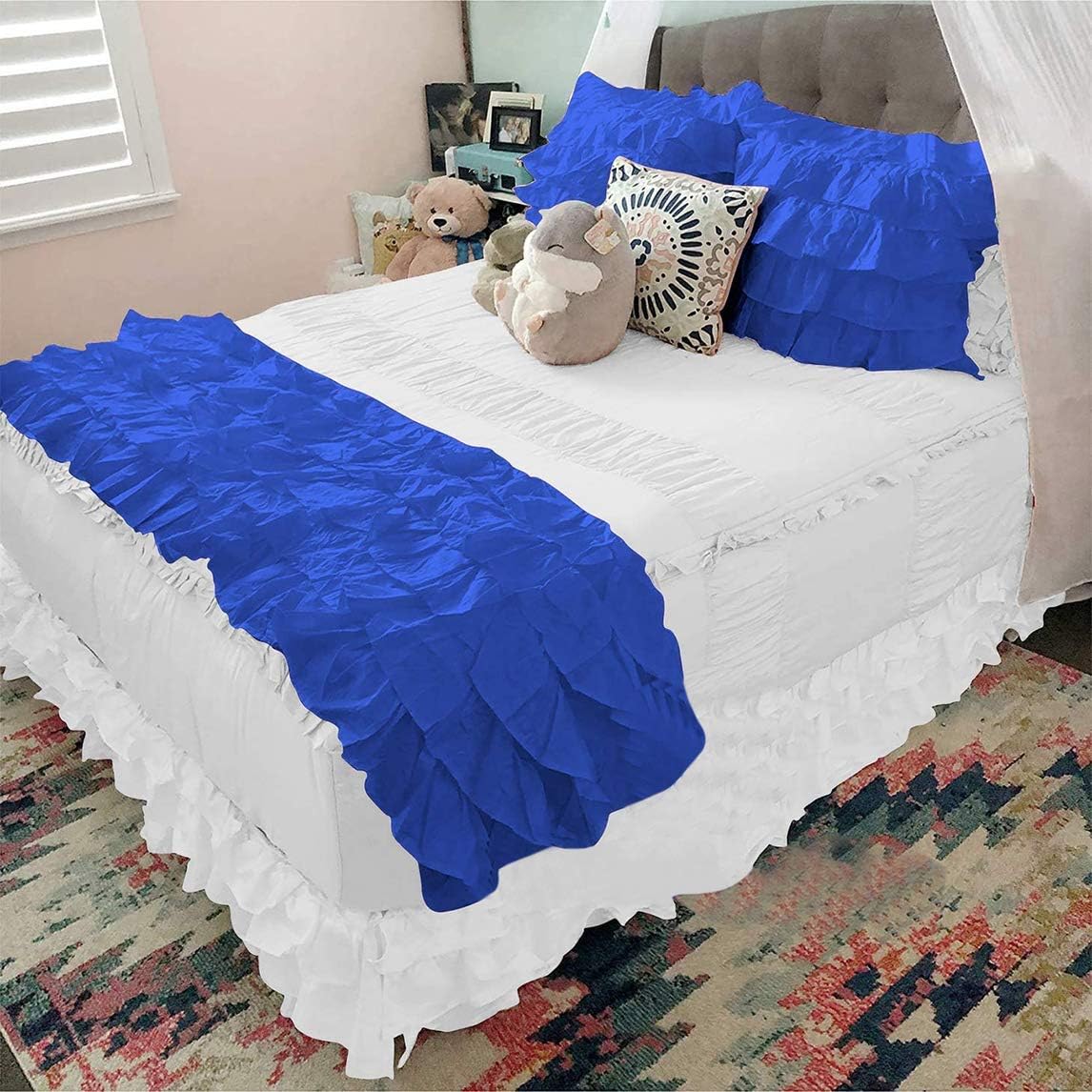 Ruffled Bed Runner Soft 800-Thread Count 100% Egyptian Cotton 1 Piece Ruffled Bed Runner Cal-King Size (108" x 18") Decorative Bed Scarf [Royal Blue Solid]