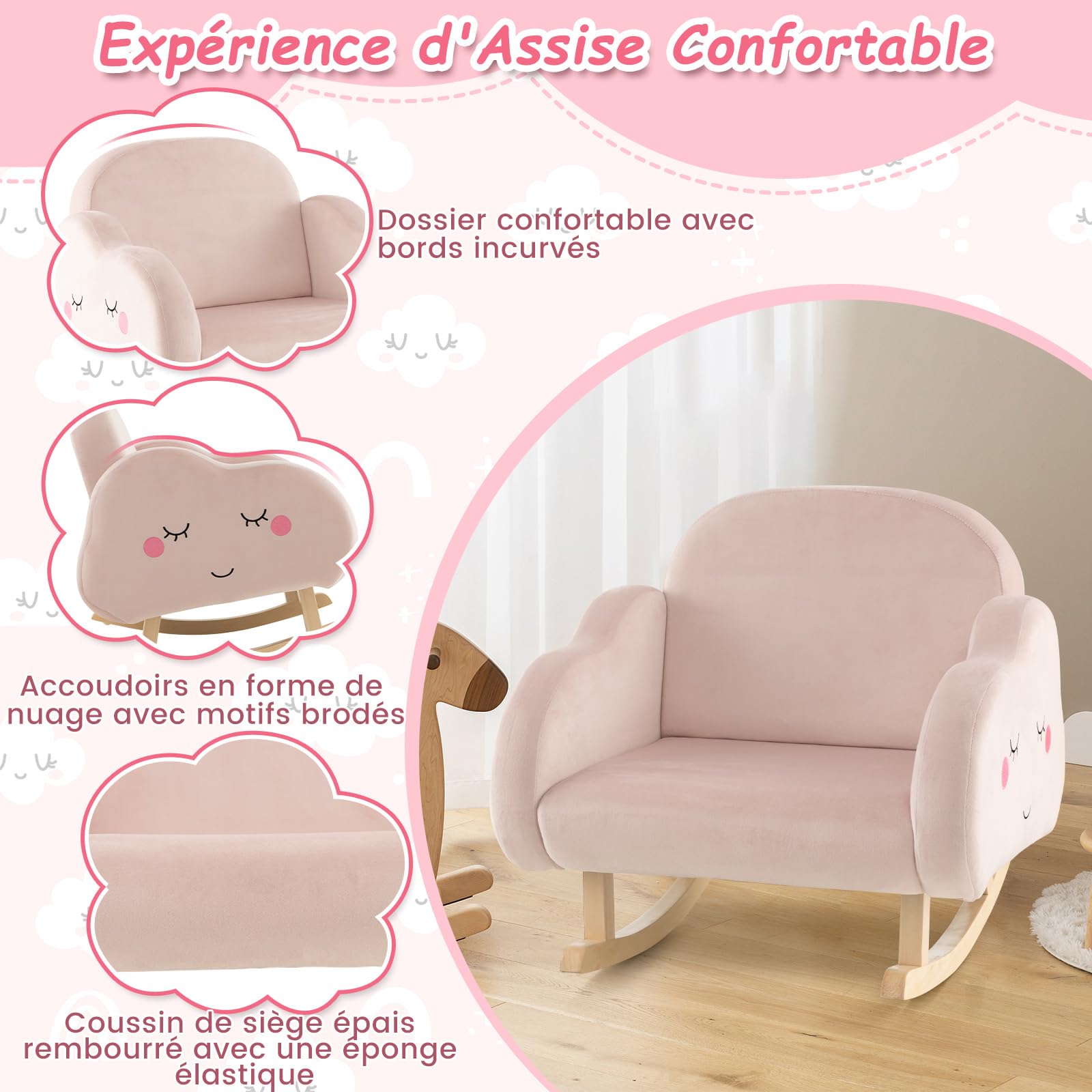 COSTWAY Fauteuil à Bascule Enfant en Peluche avec Dossier & Accoudoirs Confortable, Chaise à Bascule en Bois avec Forme Nuage, Charge 50kg pour Garçon Fille de 3-5 Ans