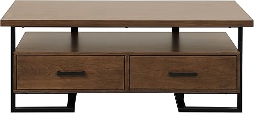 SUFUL Mesa de centro con diseño contemporáneo y marco único 1 unidad con cajones acabado de nogal y acabado de metal negro rústico muebles de sala