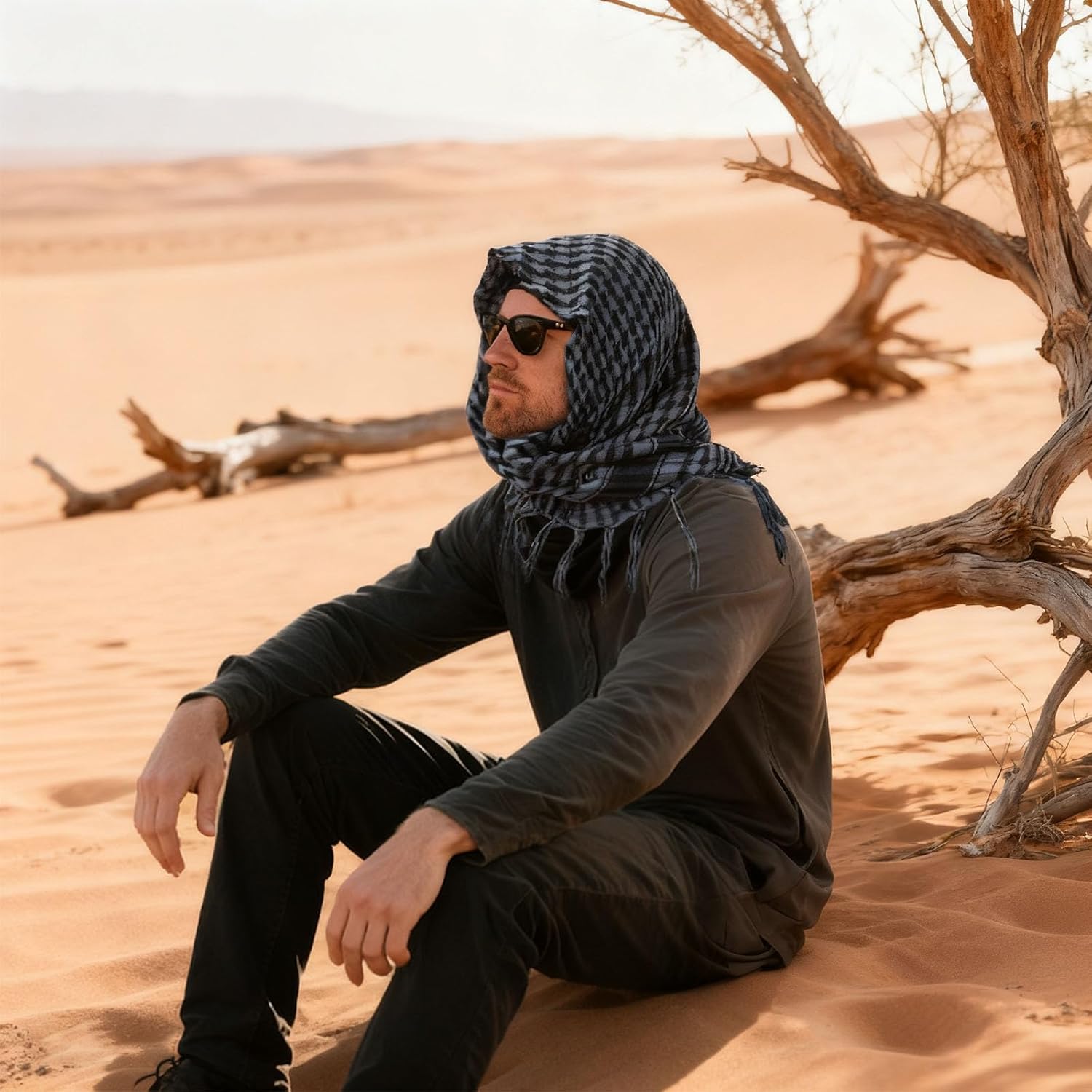 Yootiko 2 Pcs Military Shemagh Tactical Desert Scarf 100% Cotton Keffiyeh Head Neck Scarf Wrap for Men Women Black & Black-White Shawl 2 Pack - Image 6