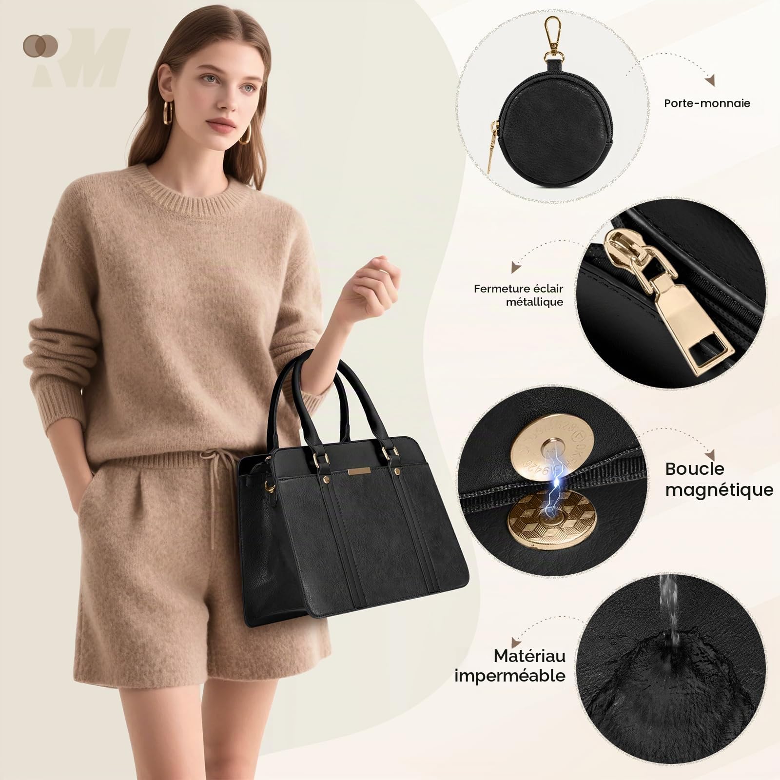 RAINSMORE Sac a Main Femme Sac Bandoulière de 3 Pièces Taille Moyenne | PU Cuir Sacs Portés Main Cabas Fourre Tout pour Université Travail Quotidien