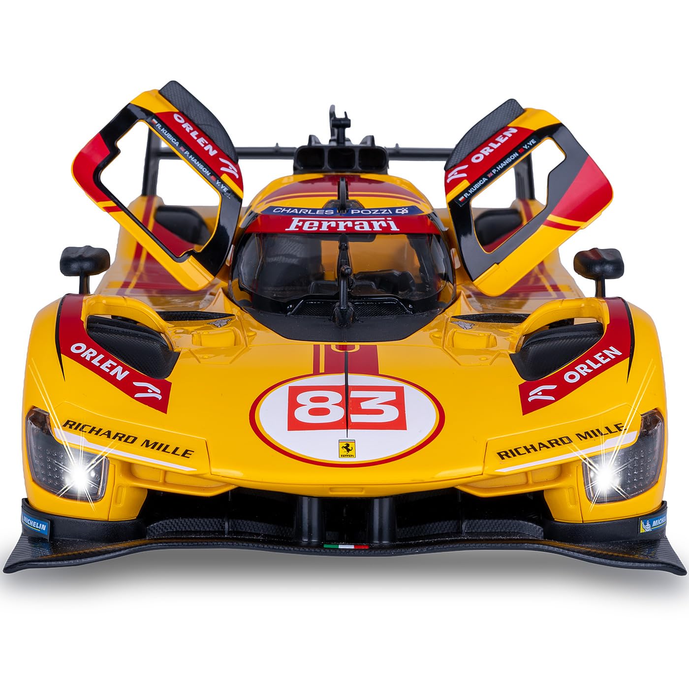 JAMARA 402262 Ferrari 499P-N83 1:14 żółty, 2,4 GHz, licencjonowany, zdalnie sterowany samochód RC z ręcznymi drzwiami, model samochodu, zabawkowy dla dzieci