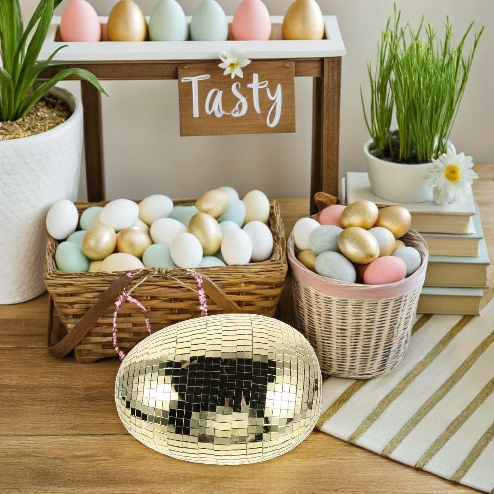 Toyvian Œuf Disco Miroir Doré 23x18x14,5 Cm Décoration Réfléchissante de Pâques pour Jardin, Mariage et Fête Accessoire Photo Booth Suspendu pour Ambiance Festive