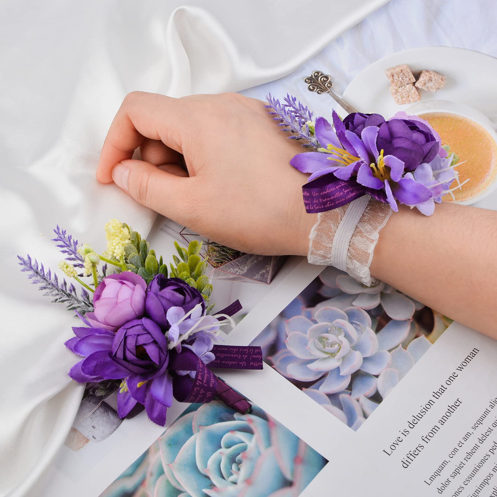 Set Bouquet Da Polso E Fiore All'Occhiello 2 Pezzi - Rosa Artificiale Blu Scuro, Per Matrimonio E Damigelle, Corsetto Con Clip E Bracciale Regolabile