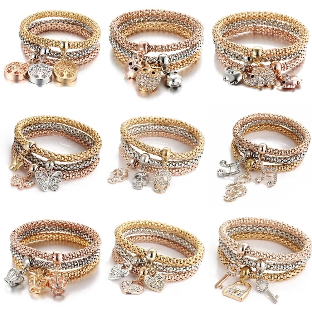 Verschluss-Armband mit Schlüssel für Damen und Herren – 925er Sterlingsilber, 3 Farben/Lot, Baum-Armband, Kristall-Eulen-Schlüsselschloss, Musiknote, Schmetterlings-Herz-Charm-Armreif, Schloss und