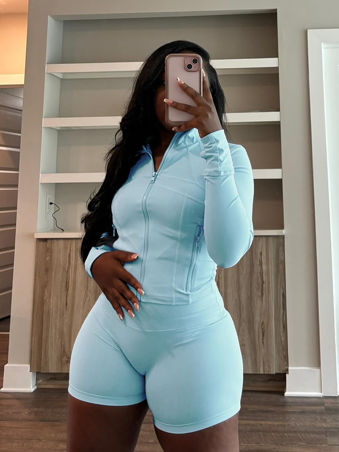 Vssjavun Women 2 Piece Outfits Sweatsuit Sets Long Sleeve Full Zip Workout Jacket Bodycon Shorts Set Tracksuit Loungewear - Image 3