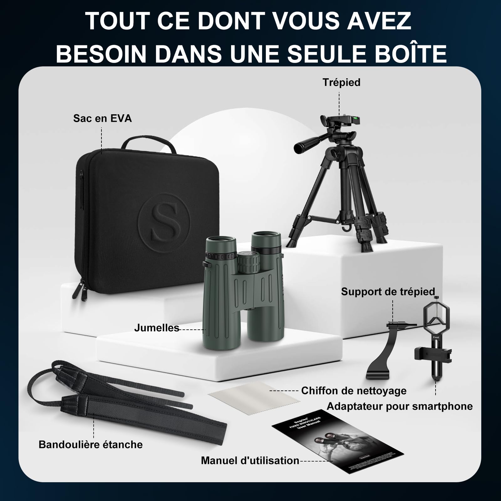 Jumelles 14x45 pour Adultes, puissantes, pour la Chasse, avec Une Vue dégagée et Large, étanches, avec Adaptateur de téléphone en métal et trépied pour l'observation des Oiseaux, la randonnée et