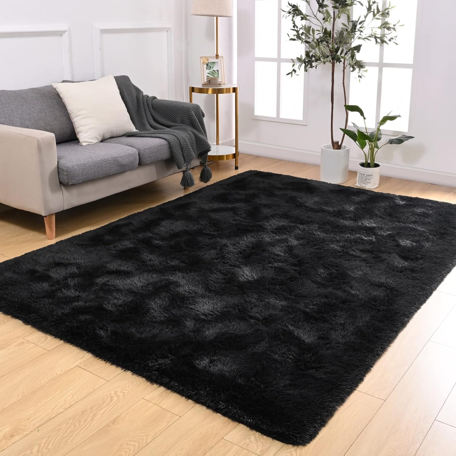 Softlife Black Area Rug for Bedroom, Fluffy Shag Plush Rugs for Living Room Girls, Shaggy Throw Soft Fuzzy Small Kids Carpet for Dorm Bedside Ultra Cozy Non-Slip Indoor Decor, 4x5.3 Feet