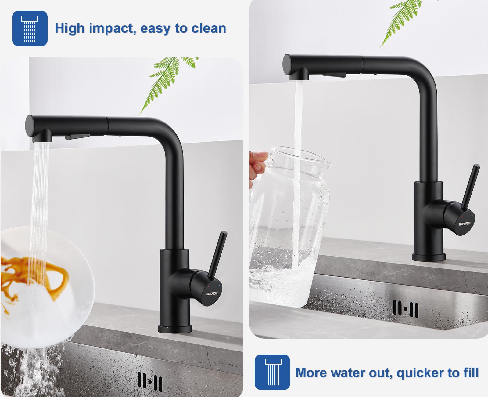 Niederdruck Armatur Küche Ausziehbar, WOOHSE Wasserhahn Küche Schwarz mit Brause 2 Strahl, 360° Drehbar Küchenarmatur Niederdruck Wasserhahn mit 3 Anschlüsse für Boiler, Spültischarmatur aus Edelstahl