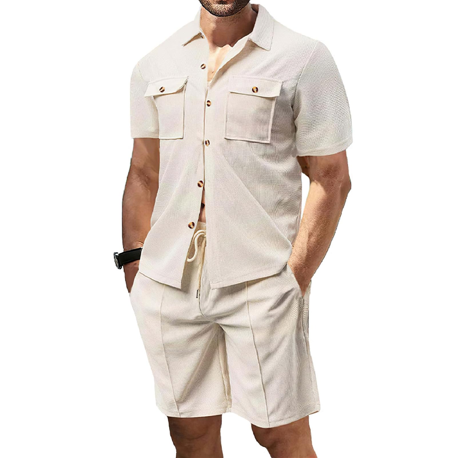 amropi Hommes Manches Courtes Survêtement Gaufre Chemise Haut à Boutons et Shorts Été Ensemble de Tenue