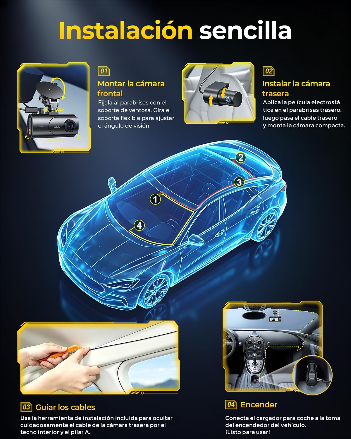 GKU Dashcam para Coche Delantero Trasero, 4K con STARVIS 2, Pantalla IPS de 3", WiFi 6, GPS, grabación en Bucle, pregrabación en Caso de colisión, Compatible con hasta 512 GB | 3" Pantalla IPS, WiFi 6, GPS, grabación en bucle, grabación precolisión, sopor