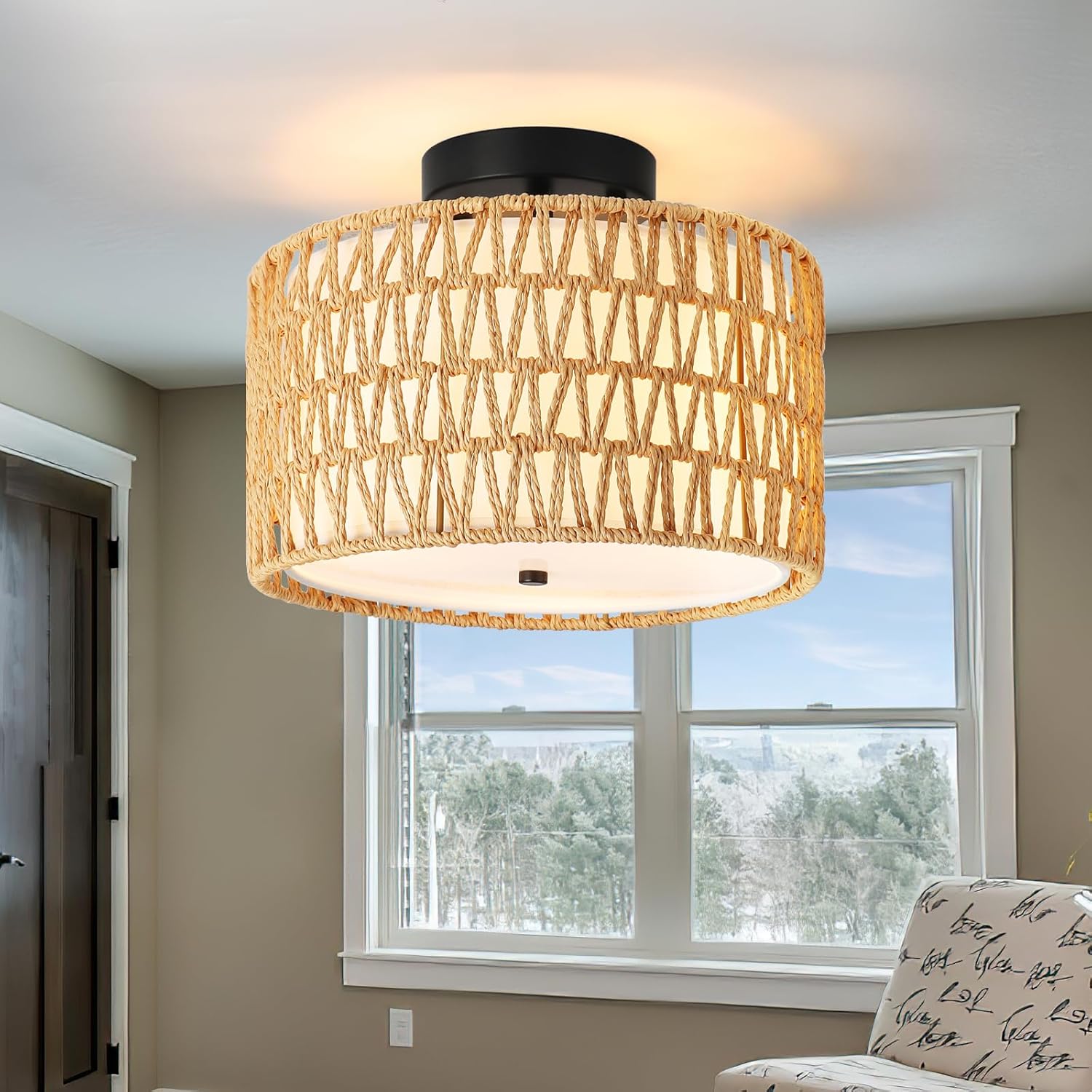 WILON Rattan Light Fixture Ceiling Mount, 3-Light Semi Flush Mount Ceiling Light Fixture with Fabric Shade, Modern Drum Woven Boho Light Fixture for Hallway Entryway Kitchen Bedroom Nursery Laundry