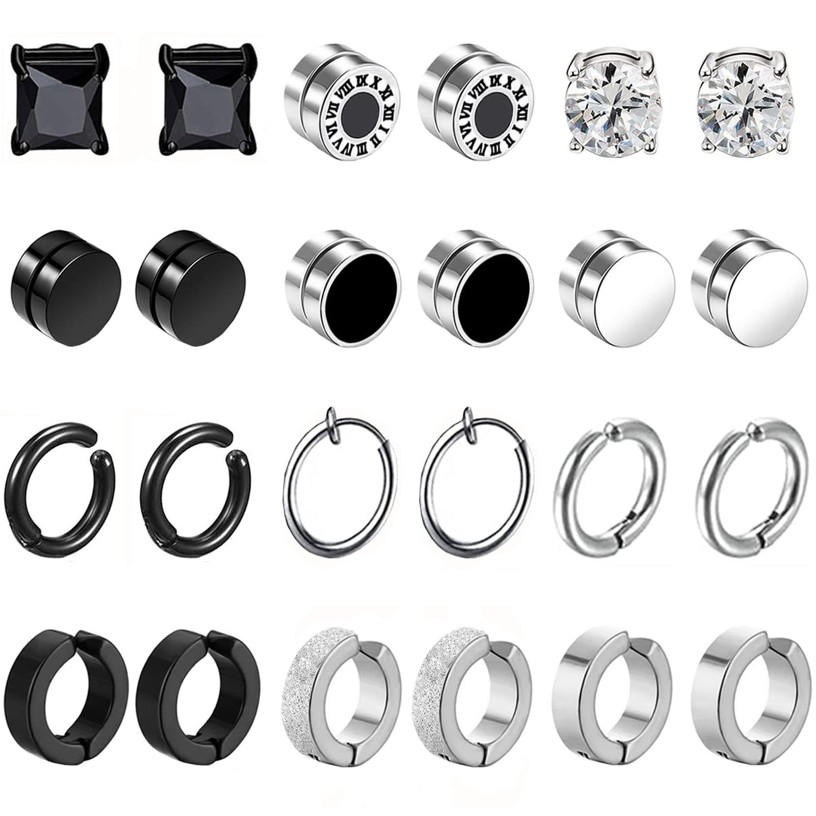 VELESAY 12 Pares Falsos Pendientes Magnéticos de Acero Inoxidable Imán Hombre Pendientes Clip Hombre Sin Agujero Pendiente CZ Magnet Mujer Aro Pendientes Set Plata Negro