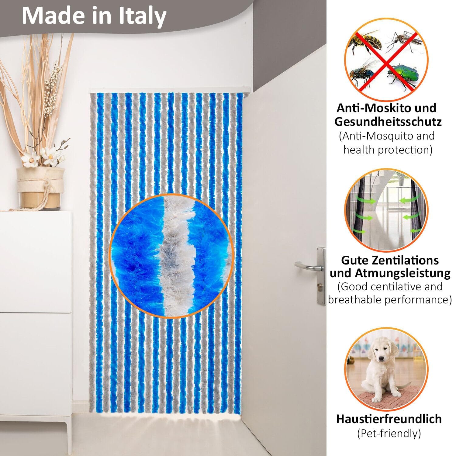 DEFACTO Tenda in ratina (90 x 200 cm) in ciniglia, zanzariera per campeggio, 100% Made in Italy, versatile, facile da pulire, efficace blocco della vista e del calore, (blu-grigio)