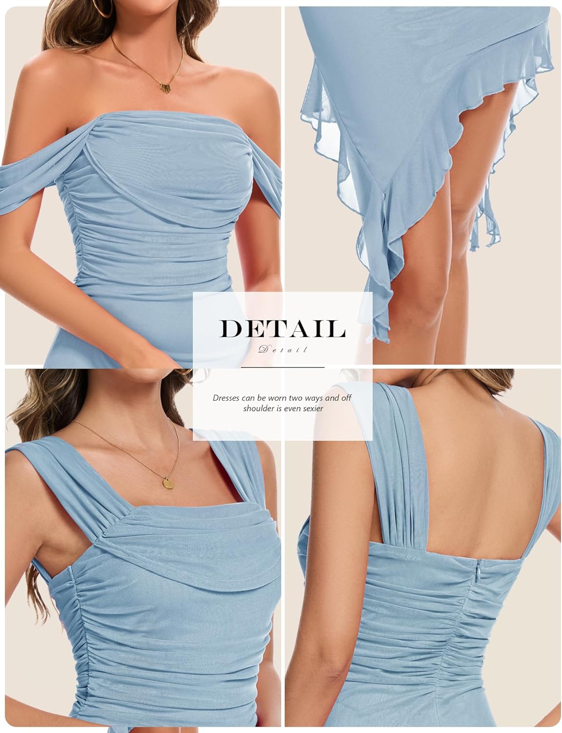BeryLove Women’s Sexy Off Shoulder Mesh Midi Wedding Guest Dresses Ruched Bodycon Ruffled Cocktail Dress - Image 6