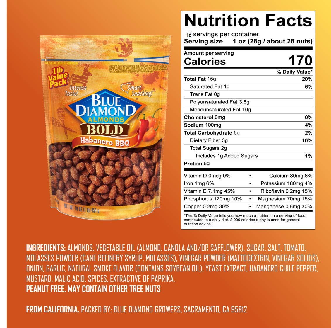 Blue Diamond Almonds, Bold Habanero BBQ, 16 Ounce (Pack of 2)
