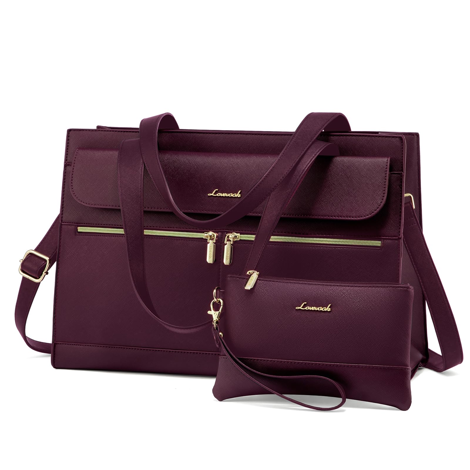 LOVEVOOK Laptop Tote for Women - 15.6 Inch Professional Leather Computer Briefcase, Waterproof Shoulder Bag, Large Capacity Business Teacher Office Bag, Crossbody Purse - Fuchsia